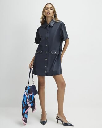 Navy Faux Leather Scallop Trim Studded Dress