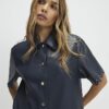 Navy Faux Leather Scallop Trim Studded Dress