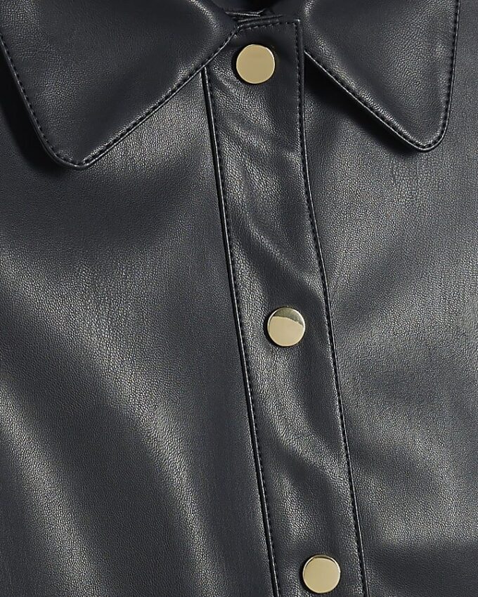 Navy Faux Leather Scallop Trim Studded Dress