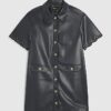 Navy Faux Leather Scallop Trim Studded Dress