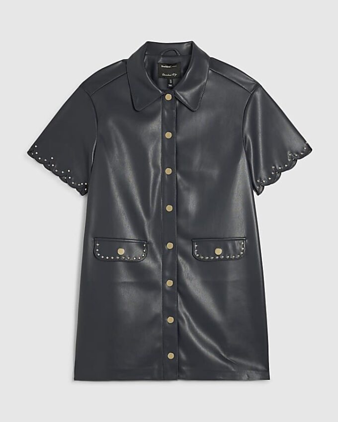 Navy Faux Leather Scallop Trim Studded Dress