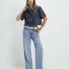 Navy Faux Leather Scallop Trim Studded Top