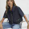 Navy Faux Leather Scallop Trim Studded Top