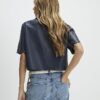 Navy Faux Leather Scallop Trim Studded Top