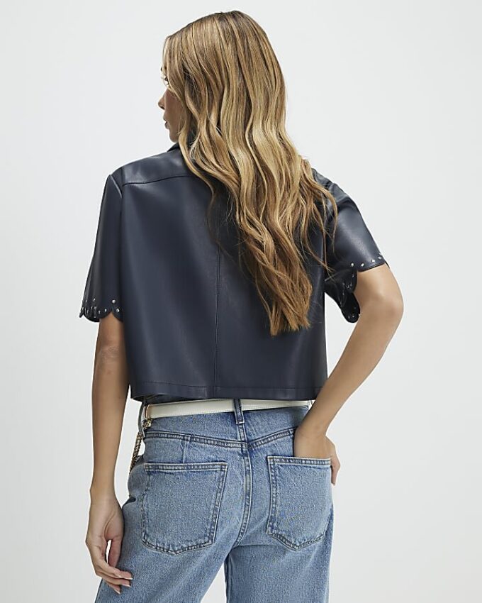 Navy Faux Leather Scallop Trim Studded Top