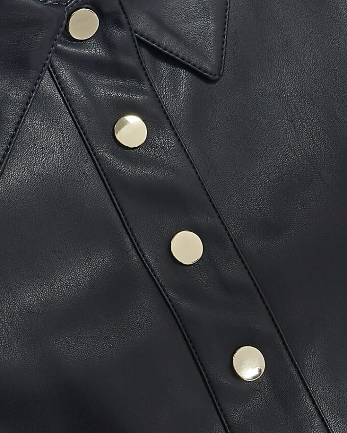 Navy Faux Leather Scallop Trim Studded Top