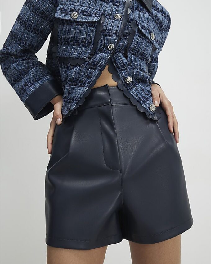 Navy Faux Leather Tailored Shorts
