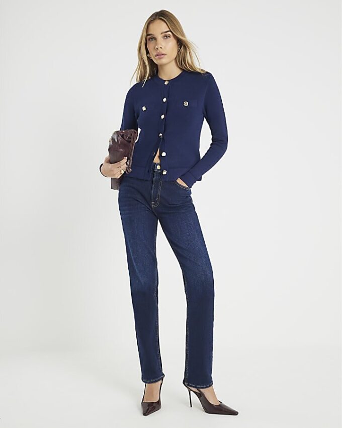 Navy Fitted Pocket Detail Cardigan