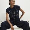 Navy Floral Embroidered Knit Tank Top