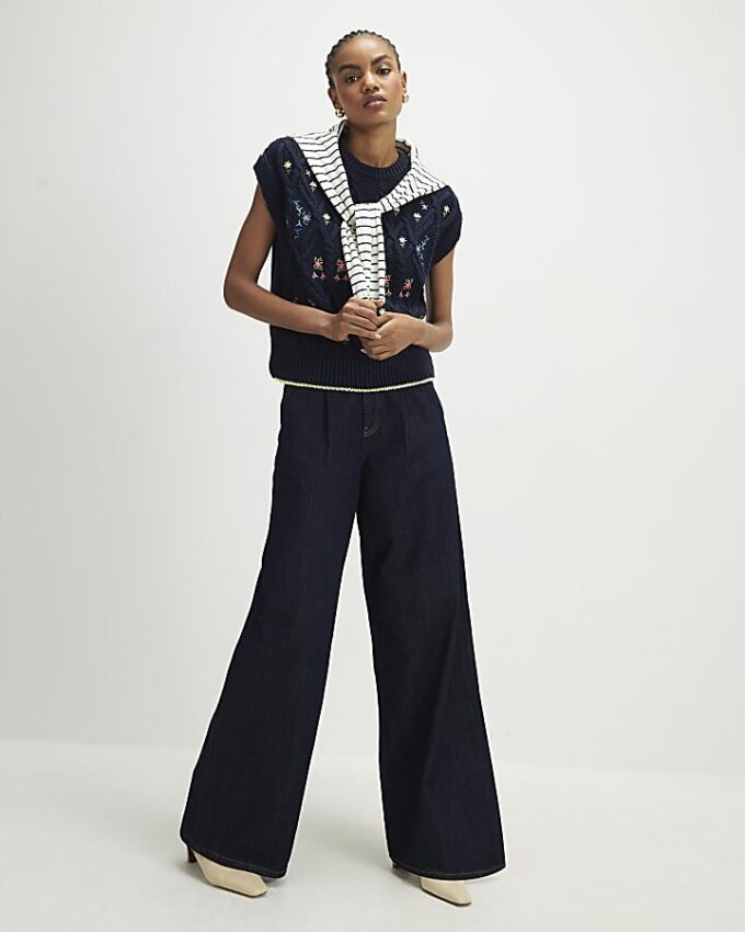 Navy Floral Embroidered Knit Tank Top