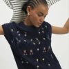 Navy Floral Embroidered Knit Tank Top