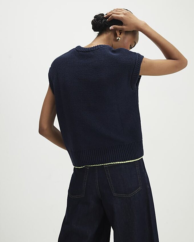 Navy Floral Embroidered Knit Tank Top
