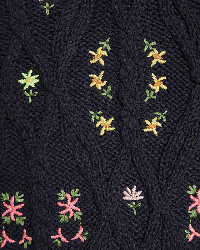 Navy Floral Embroidered Knit Tank Top