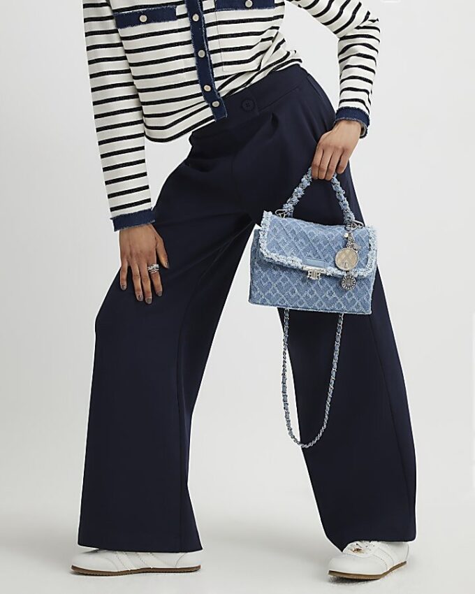 Navy Jersey Tailored Wide Leg Trousers