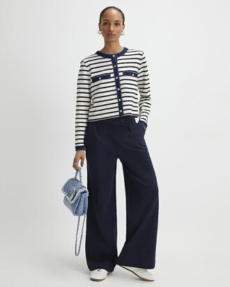 Navy Jersey Tailored Wide Leg Trousers