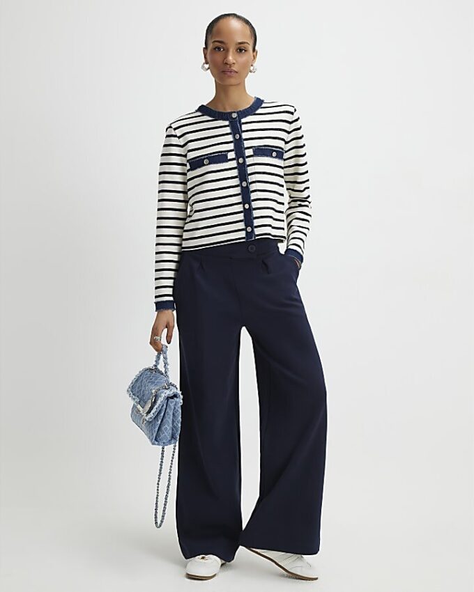 Navy Jersey Tailored Wide Leg Trousers