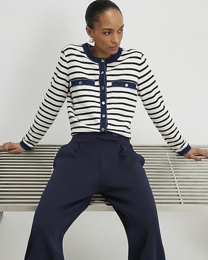 Navy Jersey Tailored Wide Leg Trousers