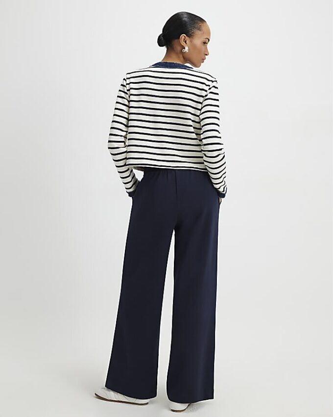 Navy Jersey Tailored Wide Leg Trousers