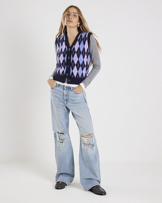 Navy Knitted Argyle Print Waistcoat