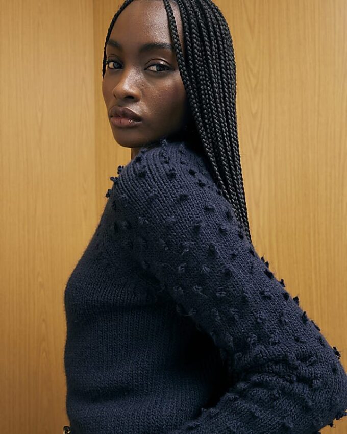 Navy Knitted Bobble Sleeve Cardigan