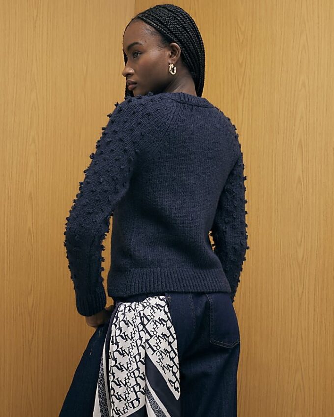 Navy Knitted Bobble Sleeve Cardigan