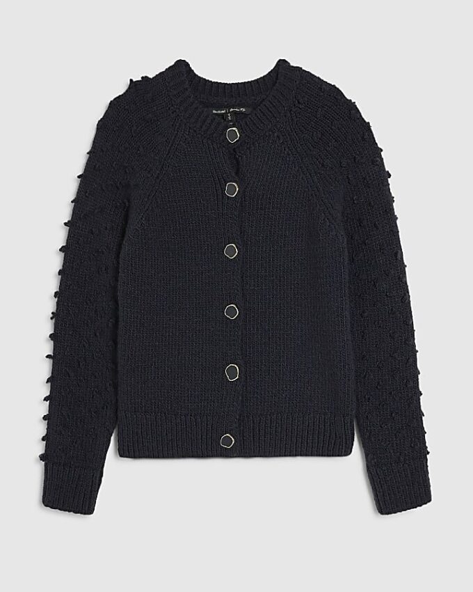 Navy Knitted Bobble Sleeve Cardigan