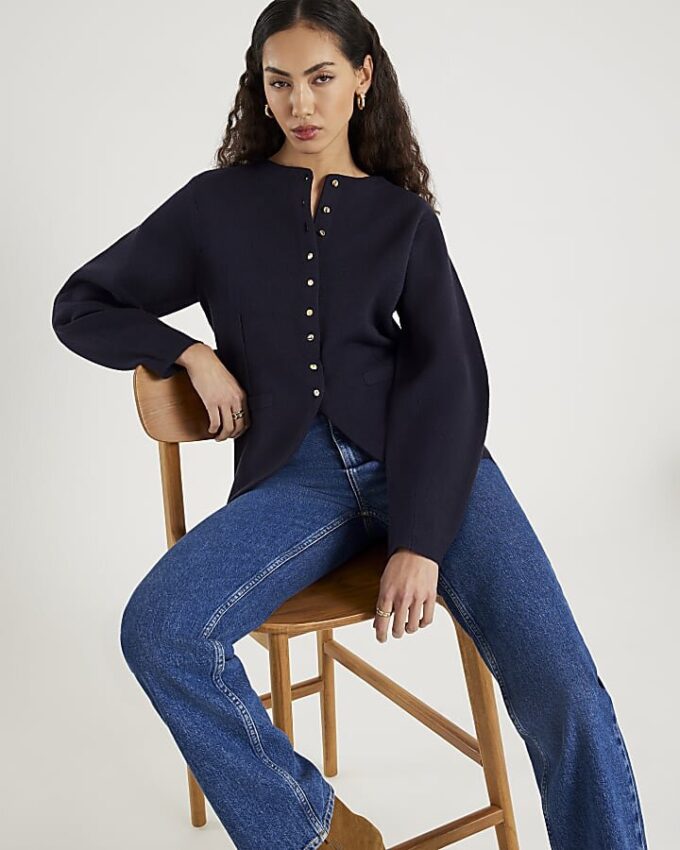 Navy Knitted Long Sleeve Structured Cardigan Navy Knitted Long Sleeve Structured Cardigan