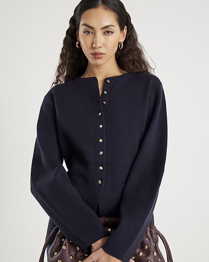 Navy Knitted Long Sleeve Structured Cardigan Navy Knitted Long Sleeve Structured Cardigan