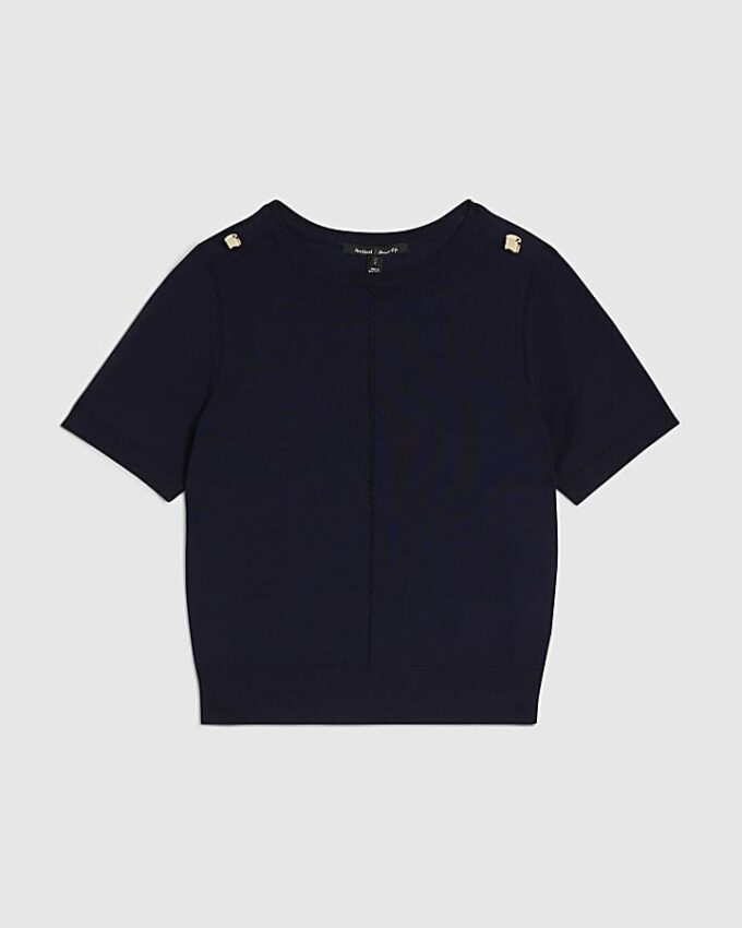 Navy Knitted Short Sleeve Top