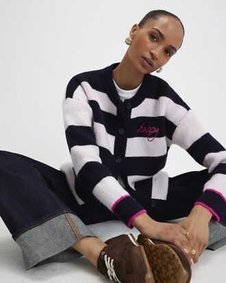 Navy Knitted Striped Happy Cardigan