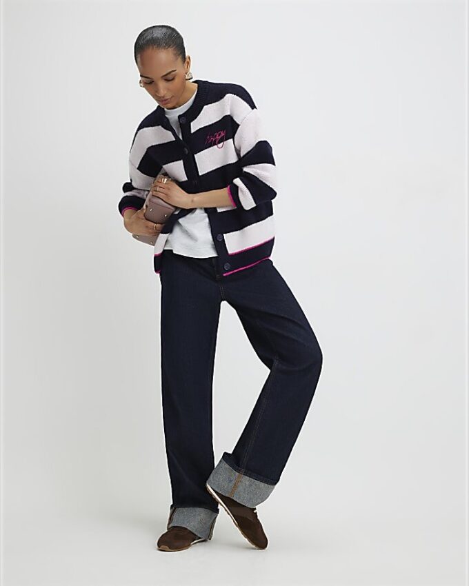 Navy Knitted Striped Happy Cardigan
