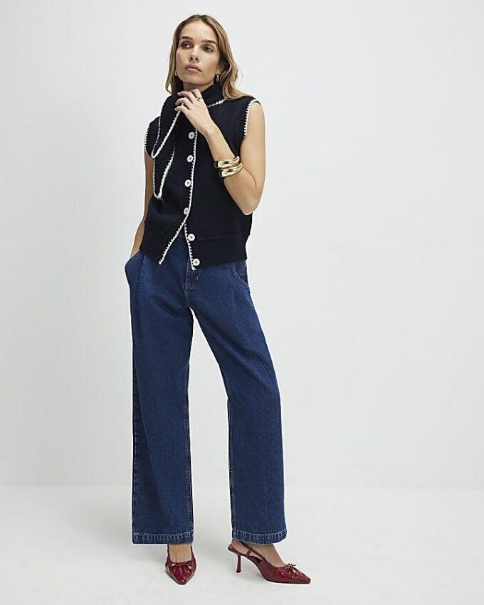 Navy Knitted Tie Neck Waistcoat