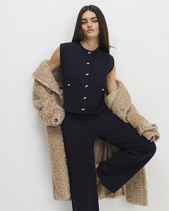 Navy knitted wide leg trousers