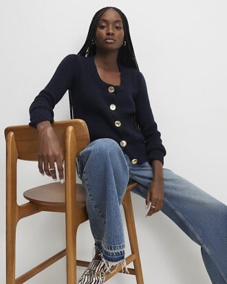Navy Long Sleeve Scoop Neck Cardigan