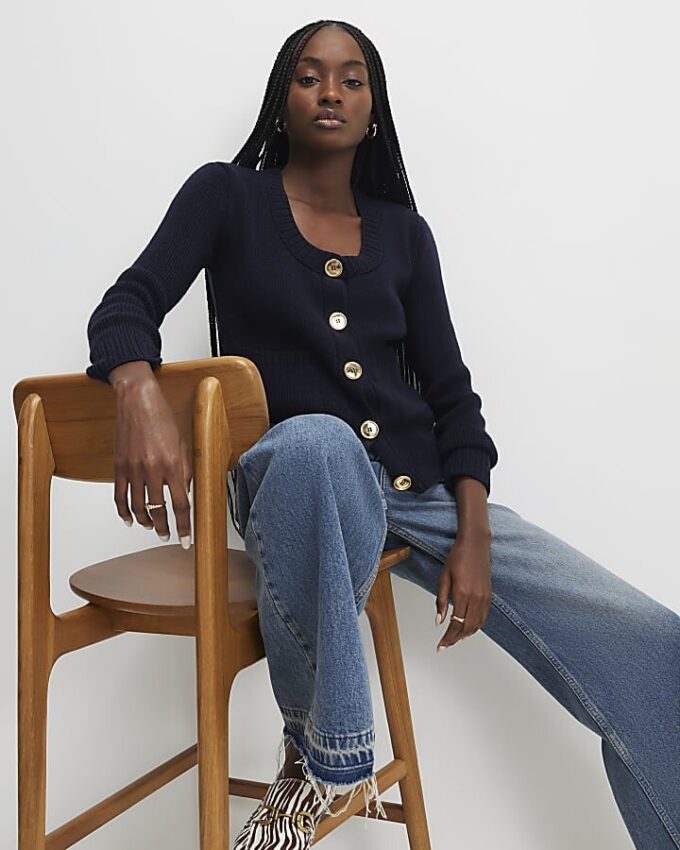 Navy Long Sleeve Scoop Neck Cardigan