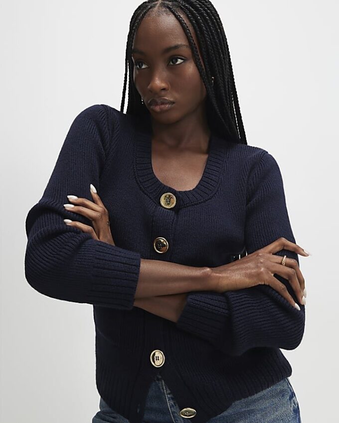 Navy Long Sleeve Scoop Neck Cardigan