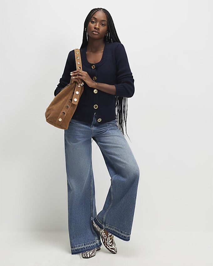 Navy Long Sleeve Scoop Neck Cardigan
