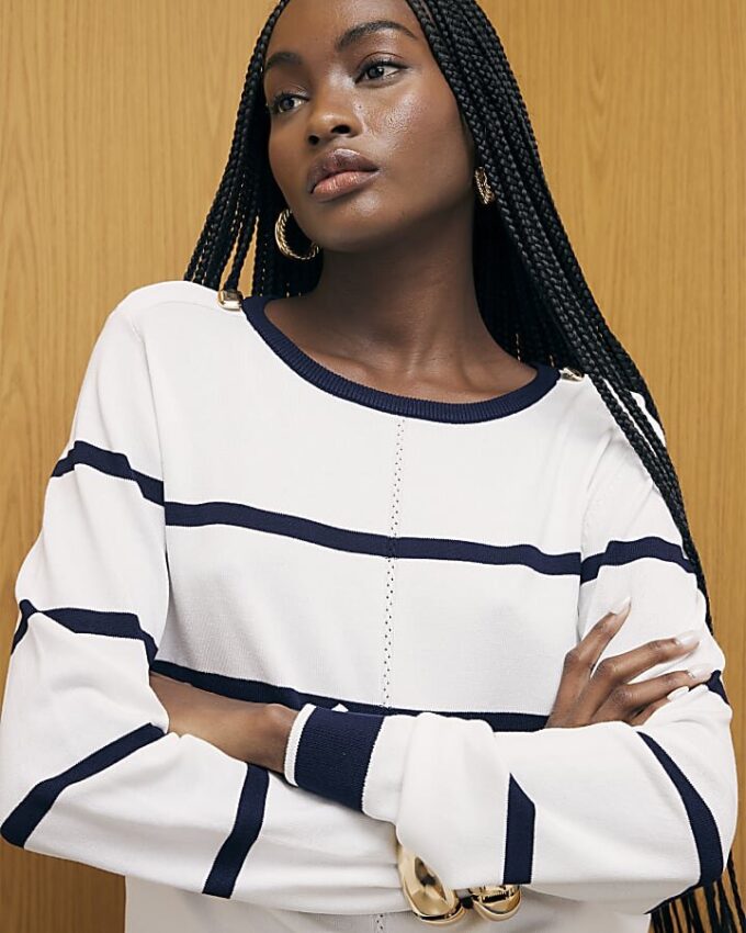 Navy Long Sleeve Striped Knitted Top