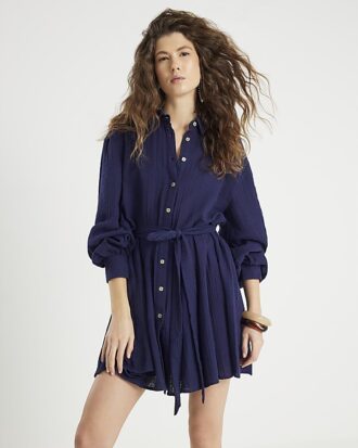 Navy Mini Belted Shirt Dress