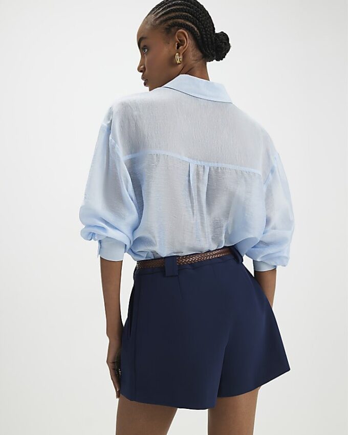 Navy Plaited Belt Tailored Shorts