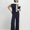 Navy Plisse Wide Leg Trousers