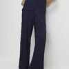 Navy Plisse Wide Leg Trousers