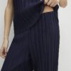 Navy Plisse Wide Leg Trousers