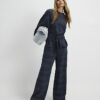 Navy Premium Crinkle Effect Wide Leg Joggers