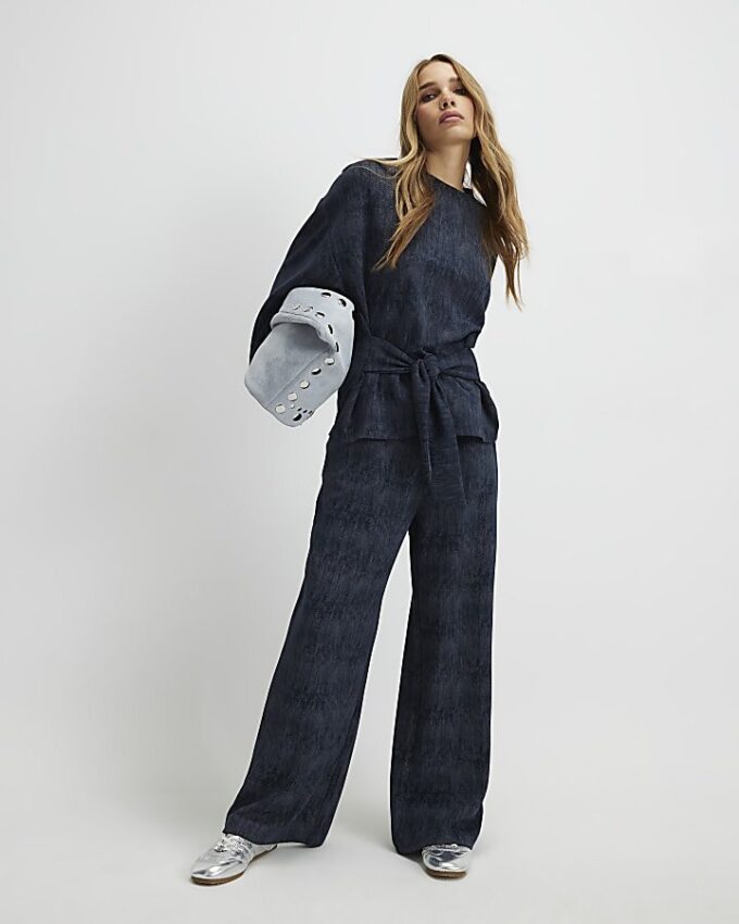 Navy Premium Crinkle Effect Wide Leg Joggers