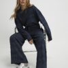 Navy Premium Crinkle Effect Wide Leg Joggers