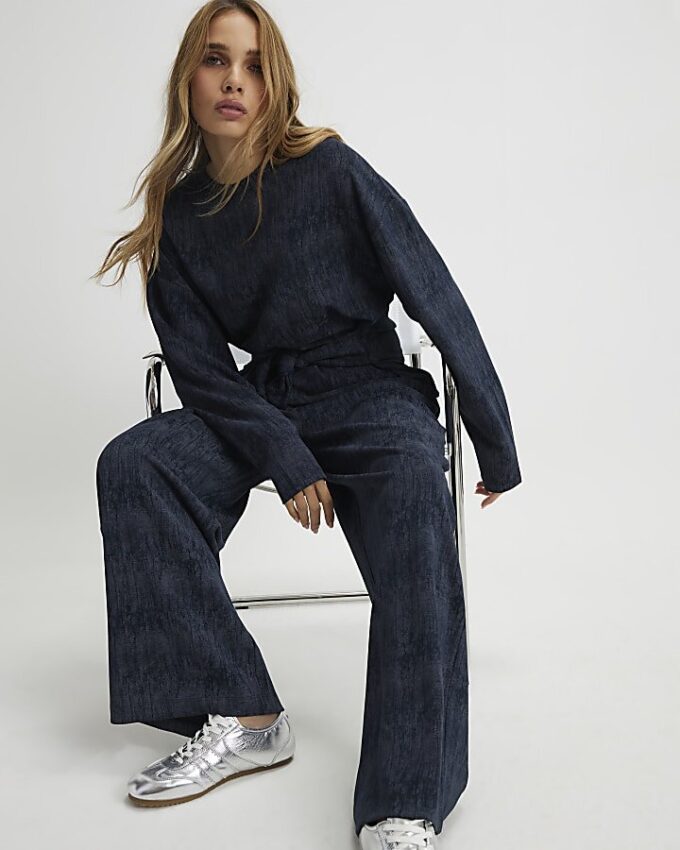 Navy Premium Crinkle Effect Wide Leg Joggers
