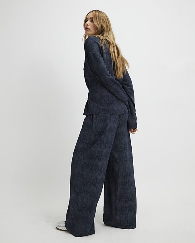 Navy Premium Crinkle Effect Wide Leg Joggers