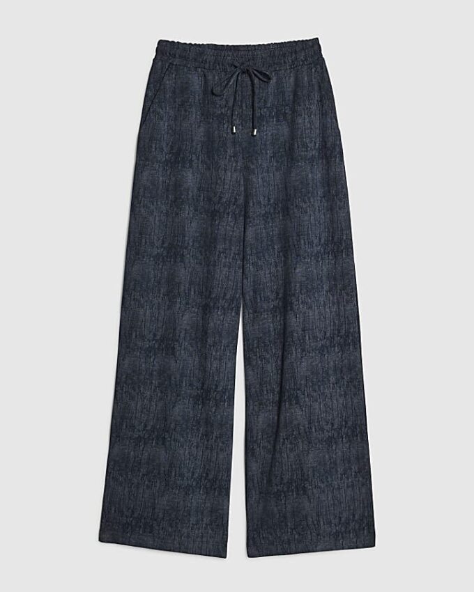 Navy Premium Crinkle Effect Wide Leg Joggers