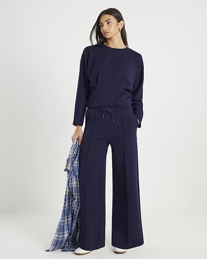 Navy Premium Wide Leg Pintuck Joggers